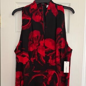 Calvin Klein Red Floral Midi Dress Black Fit & Flare Sleeveless Size 20W NWT